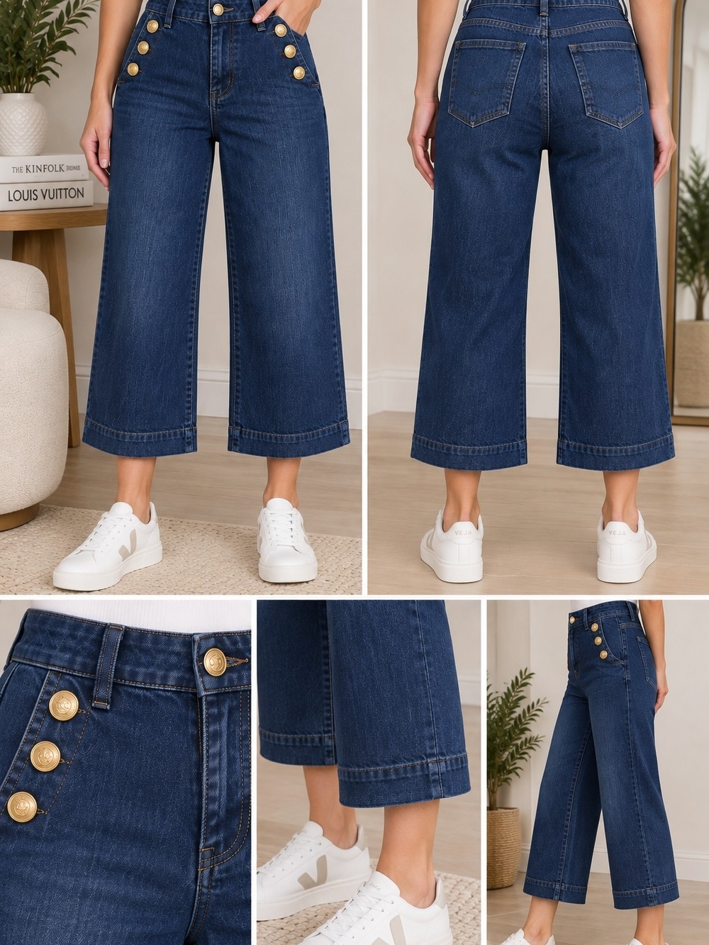 Rachel Zoe Dark Blue Wide-Leg Cropped Jeans with Gold Buttons